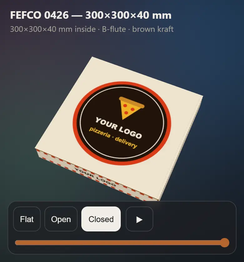 Pizza box with “YOUR LOGO” on the lid — a frame of the live 3D box